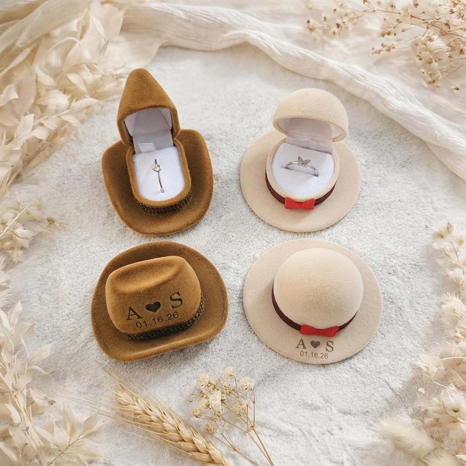 Velvet Jewelry Box - Personalized Cowboy Hat Ring Box Custom